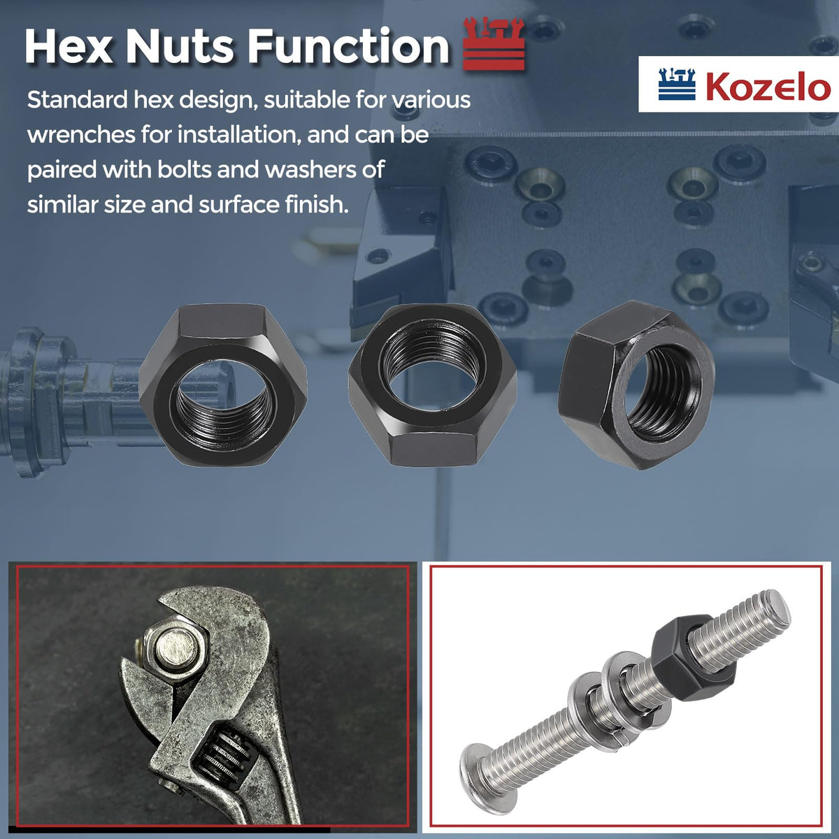 Kozelo 20pcs Hex Nuts 3/8"-24 Carbon Steel Fine Thread Black