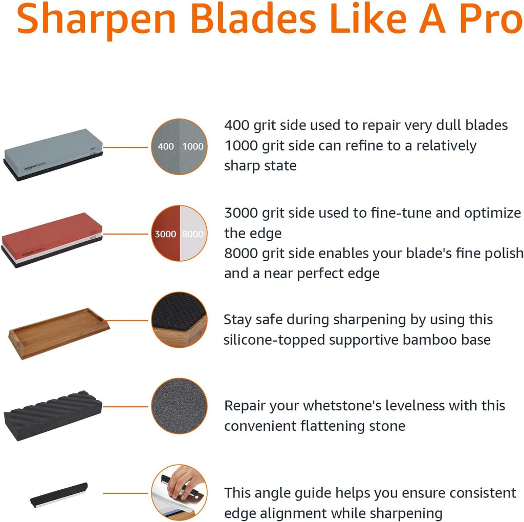 Whetstone Knife Sharpening Stone Set, Double-sided 400/1000 and 3000/8000 Grit Stones, Flattening Stone with Angle