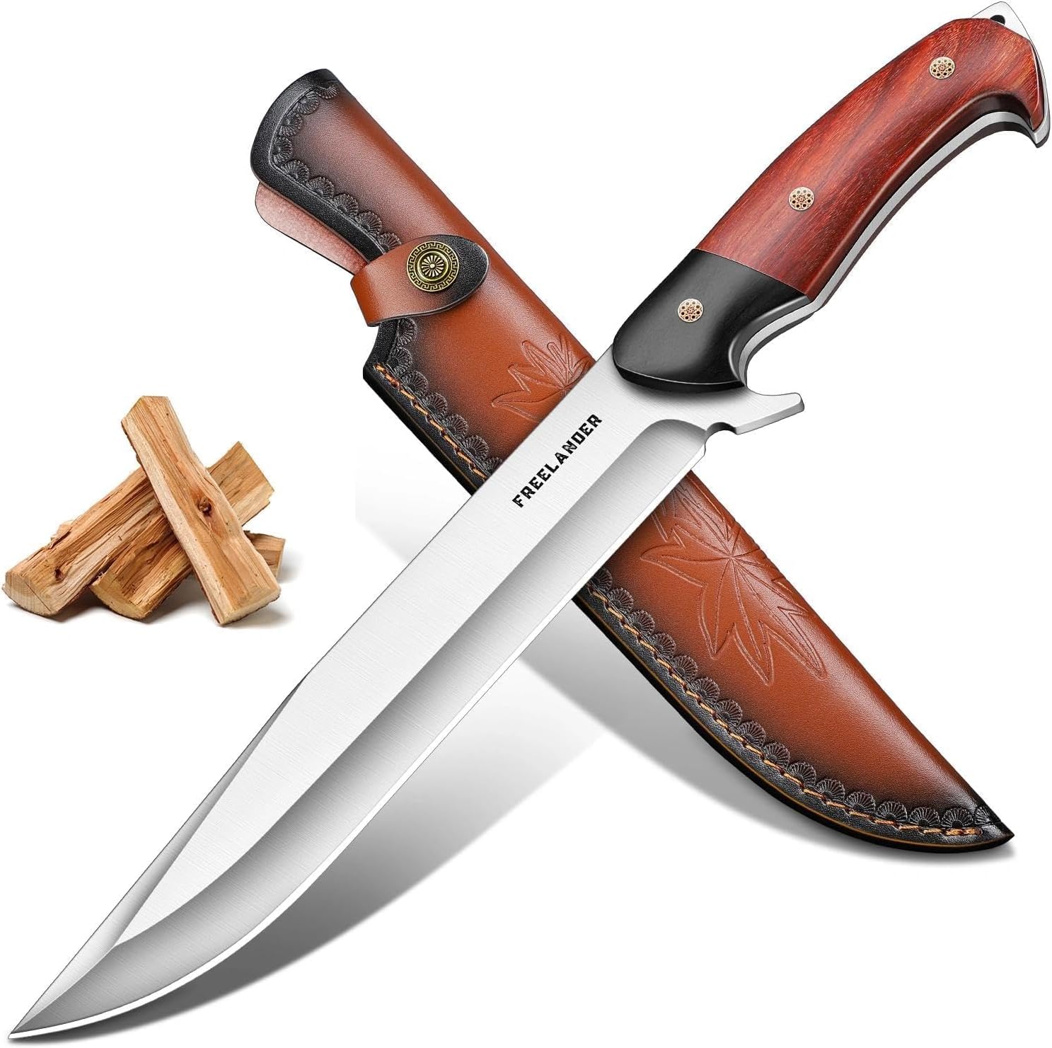 Hunting Knife with Leather Sheath, Full Tang Fixed Blade Knife | Survival Knife with Wood Handle for Outdoor
