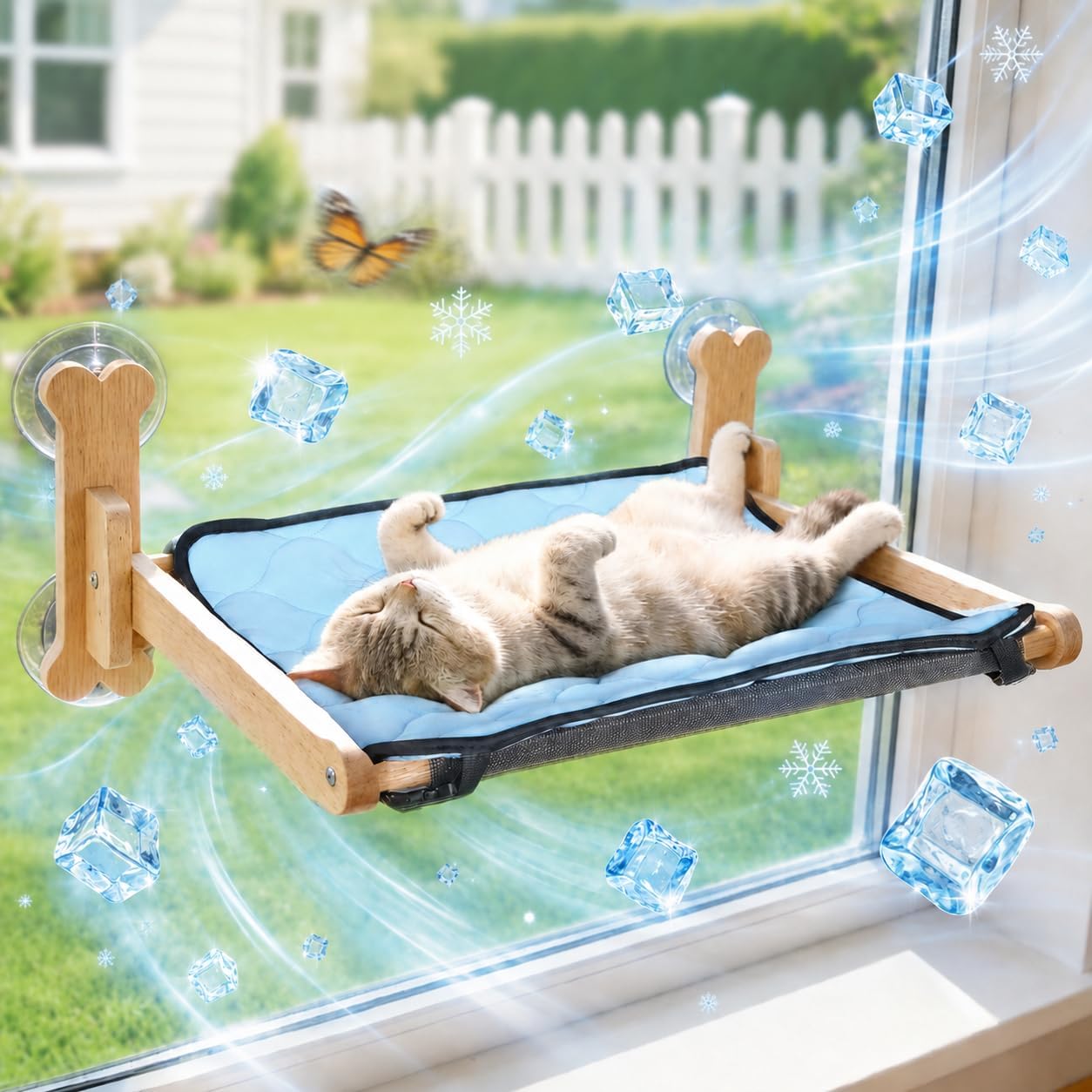 Cat Window Perch, Cooling Window Cat Bed with Reversible Ice Silk Mat, Foldable Pet Perch Hammock with Sturdy Wooden