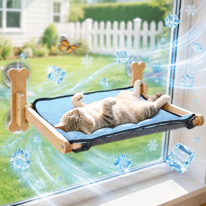 Cat Window Perch, Cooling Window Cat Bed with Reversible Ice Silk Mat, Foldable Pet Perch Hammock with Sturdy Wooden