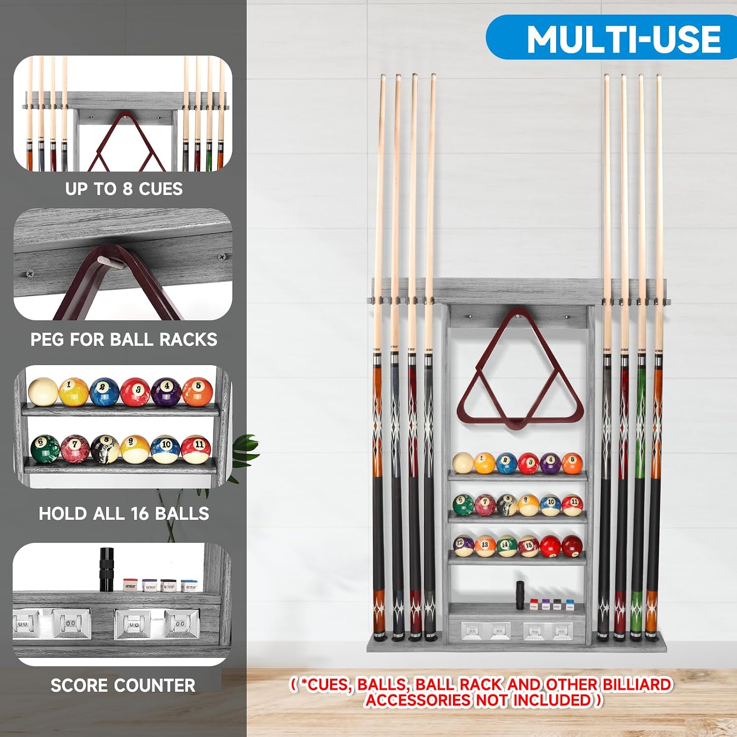 GSE Wall Mount Pool Cue Rack with Score Counters Only, Holds 6/8 Pool Cues | Holds 2 Billiard Ball Racks, Full Set of