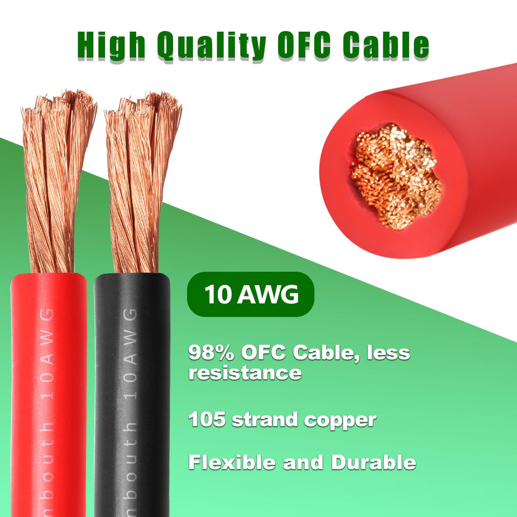 10 Gauge Battery Cable Copper Wire, 50FT Red + 50FT Black