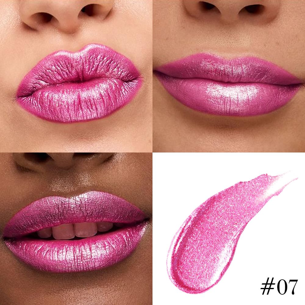 Hot Pink Metallic Glitter Lip Liner and Lipstick Combo Lip Gloss Stain Set Makeup for Women Long Lasting Waterproof