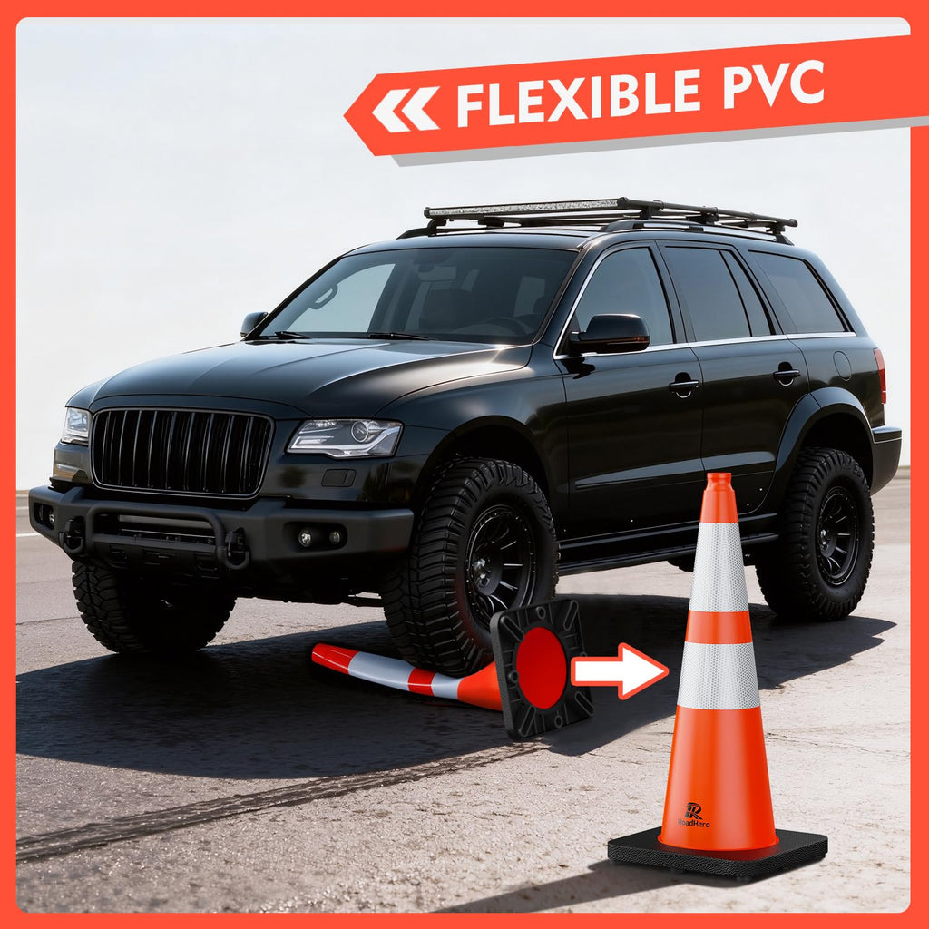 Orange Traffic Safety Cones 28 Inch with Weighted Base, 8 Pack | Reflective Collar, Flexible PVC