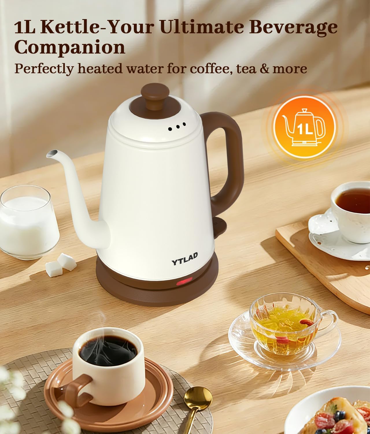 Gooseneck Electric Kettle 1L, 1000W, Pour-Over Coffee & Tea | Precise Flow Spout, 304 Stainless Steel, BPA-Free, Fast