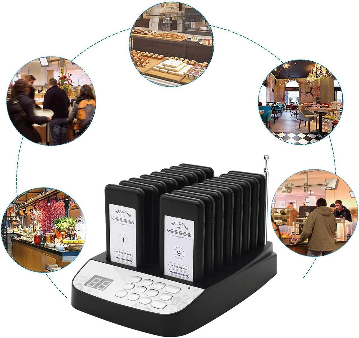 16 Wireless Buzzers Pager System Set with Vibration and Flashing Black