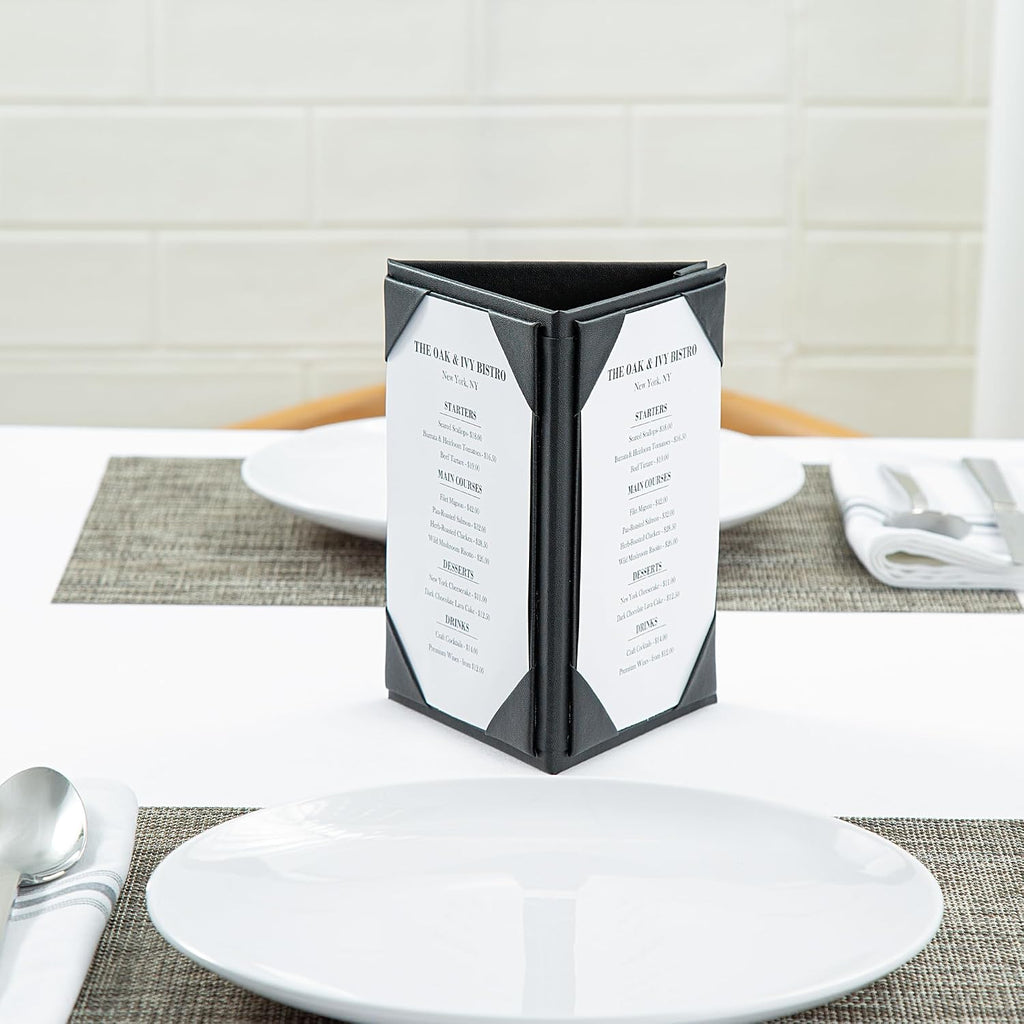 4 x 6 in Black Triangular Menu Table Tents, 3-View, 12 Count