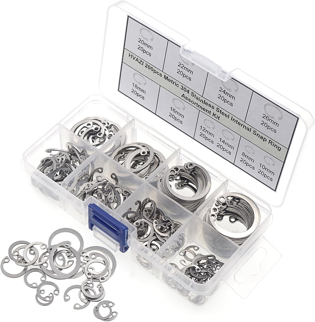 200PCS 8-26mm 304 Stainless Steel Metric Internal Snap Ring Kit