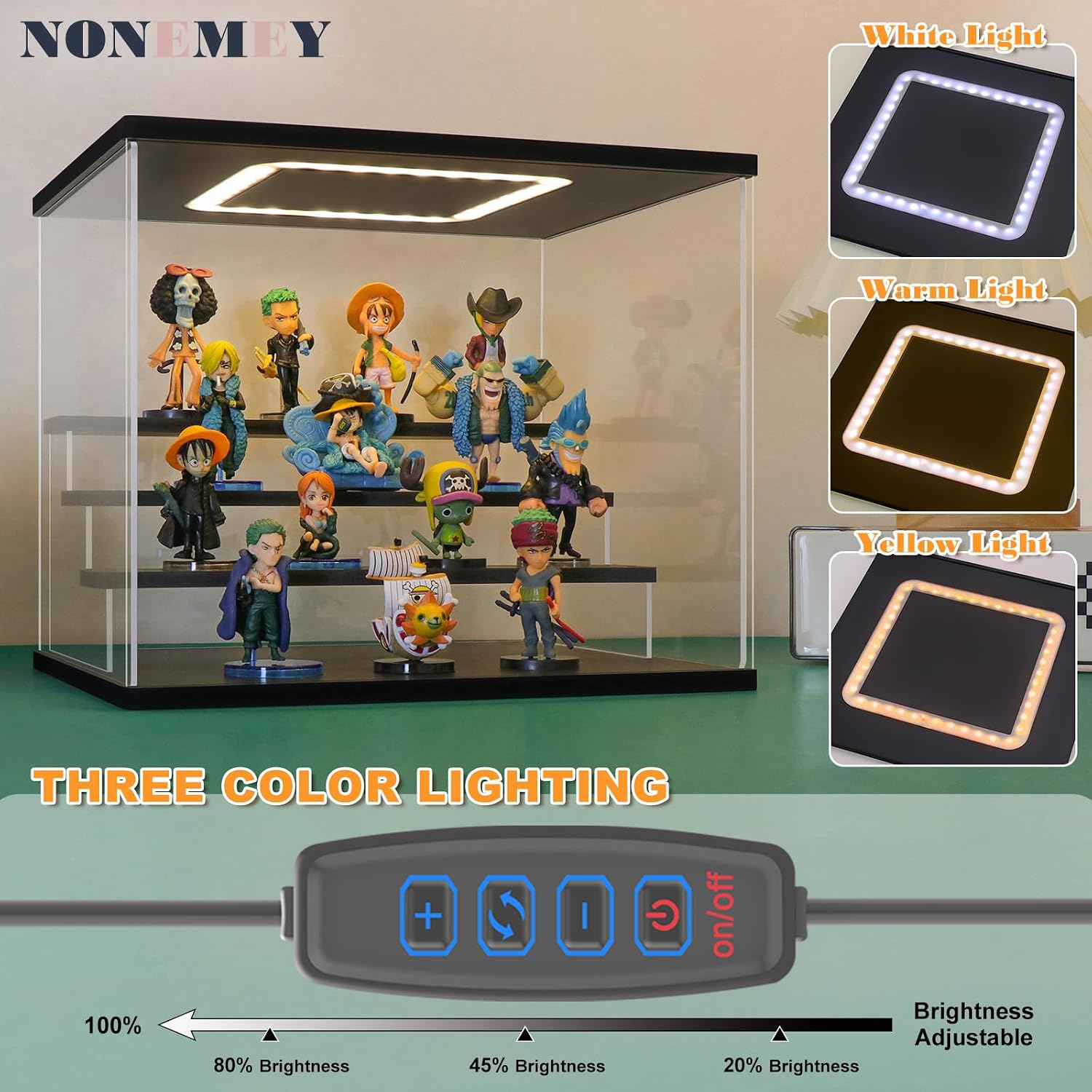 Acrylic Display Case with Light, Upgraded 3 Color Light & Adjustable Brightness Showcase ,4 Tier Dustproof Clear Toy
