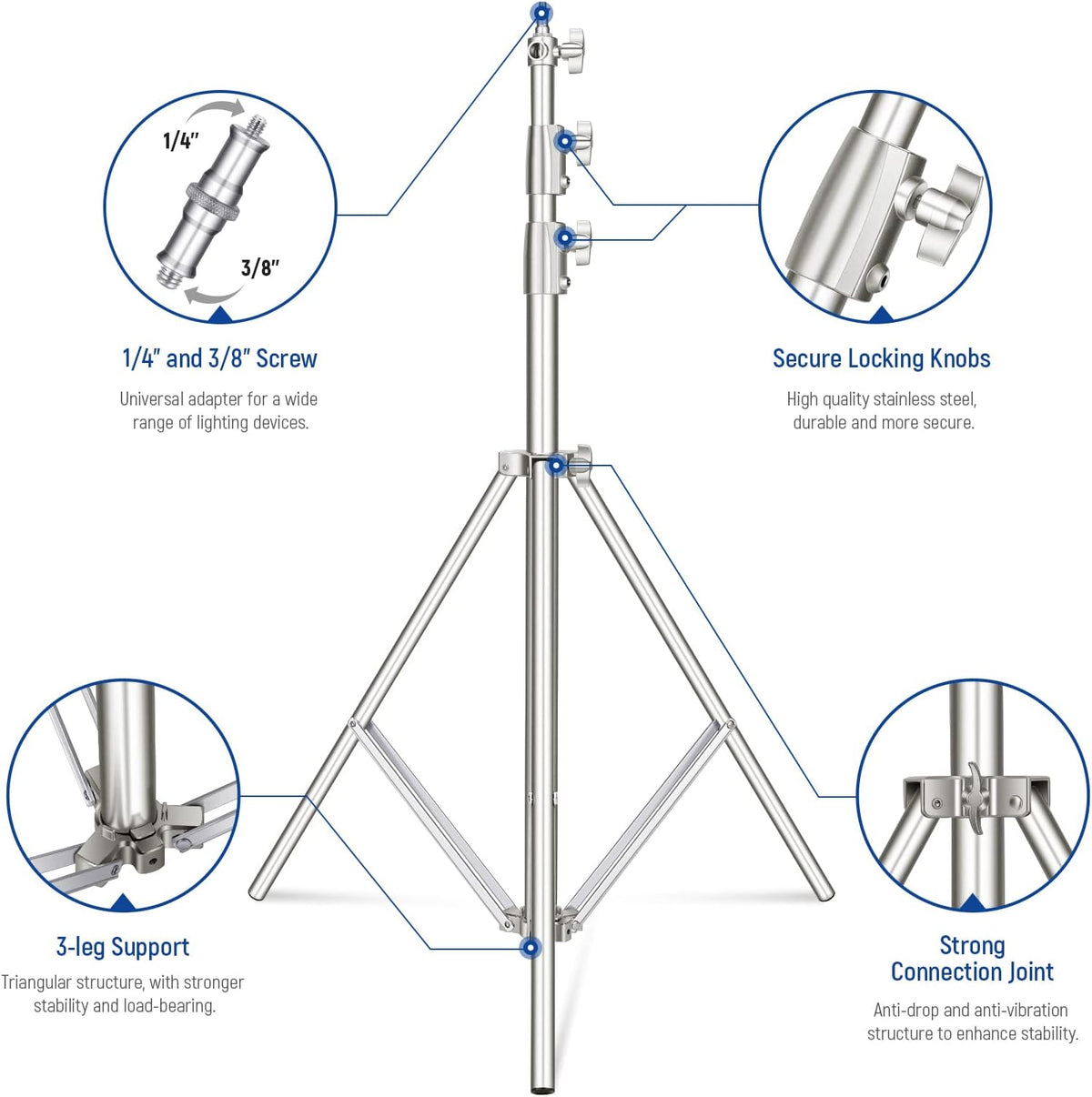 9.2ft/2.8m Stainless Steel Light Stand, Spring Cushioned Heavy Duty Photography Tripod Stand with 1/4” to 3/8”