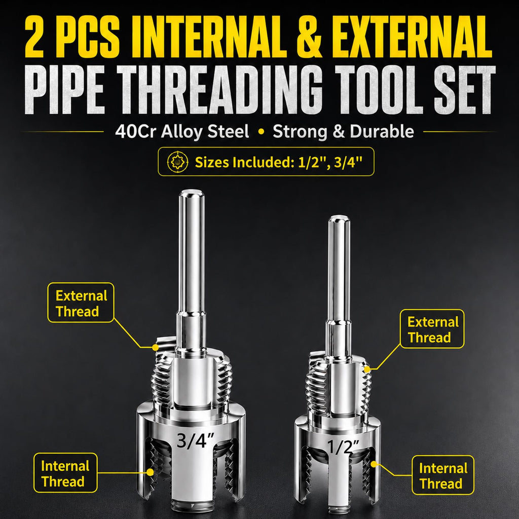 Internal & External Pipe Threading Tool(1/2'' 3/4'' Dies), 2025 New Function Pipe Thread Cutting Tool, Electric Drill Compatible PVC & Plastic Pipe Threader Kit for Home Repair (1/2"+ 3/4")