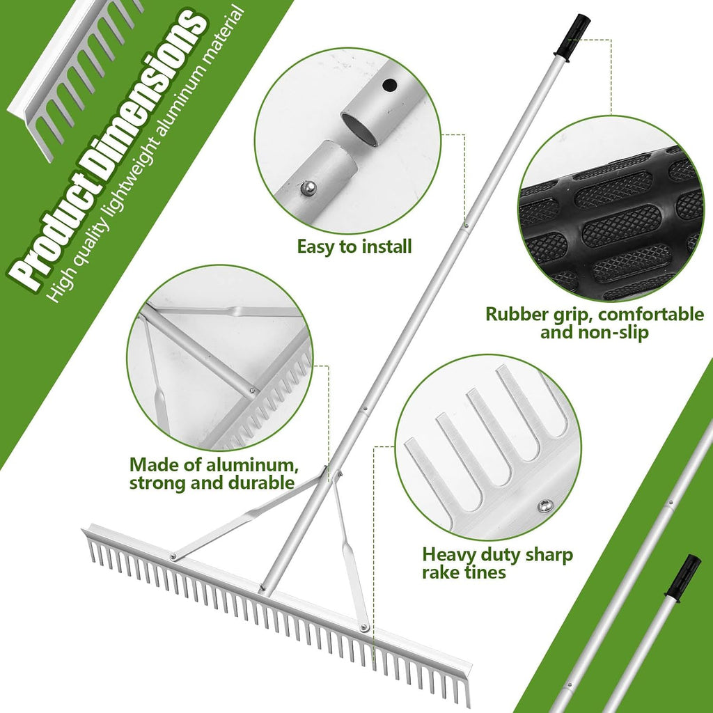 Aluminum Maintenance Rake 36 Inch Baseball Field Garden Landscape Rake with 66''-98'' Adjustable Handle for Yard