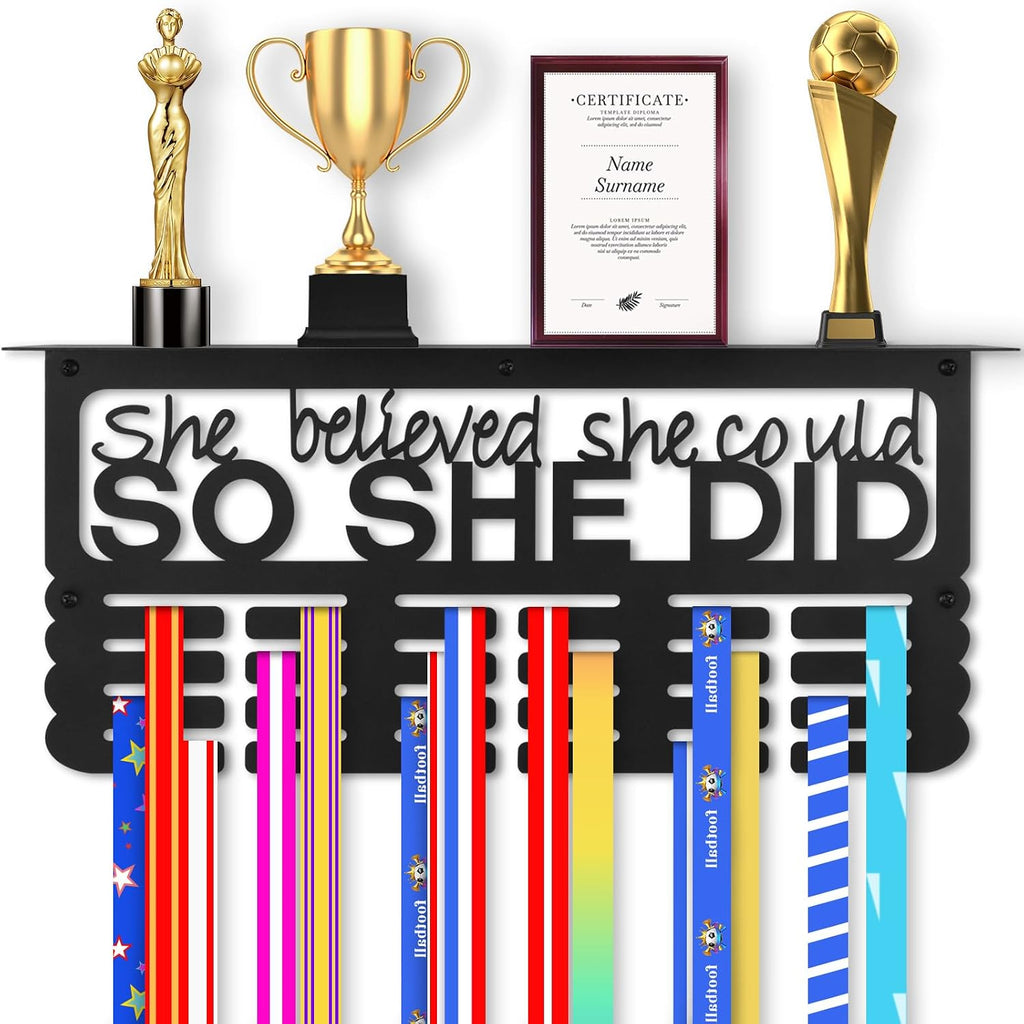 Medal Hanger Display with Trophy Shelf, Medal Holder Trophy Display Shelf | Upgraded Sports Ribbon Holder Simple Wall