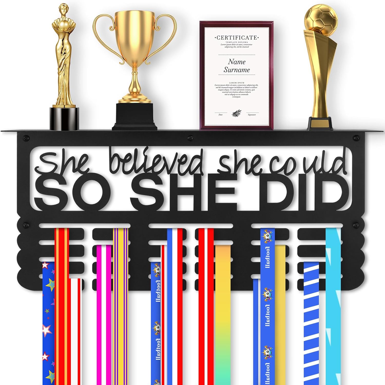 Medal Hanger Display with Trophy Shelf, Medal Holder Trophy Display Shelf | Upgraded Sports Ribbon Holder Simple Wall
