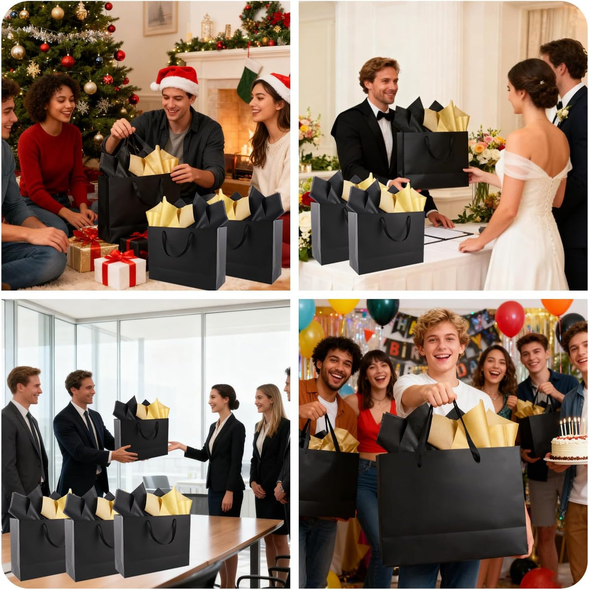 12 Pack Extra Large Black Gift Bags with Handles & 24 Tissue Papers