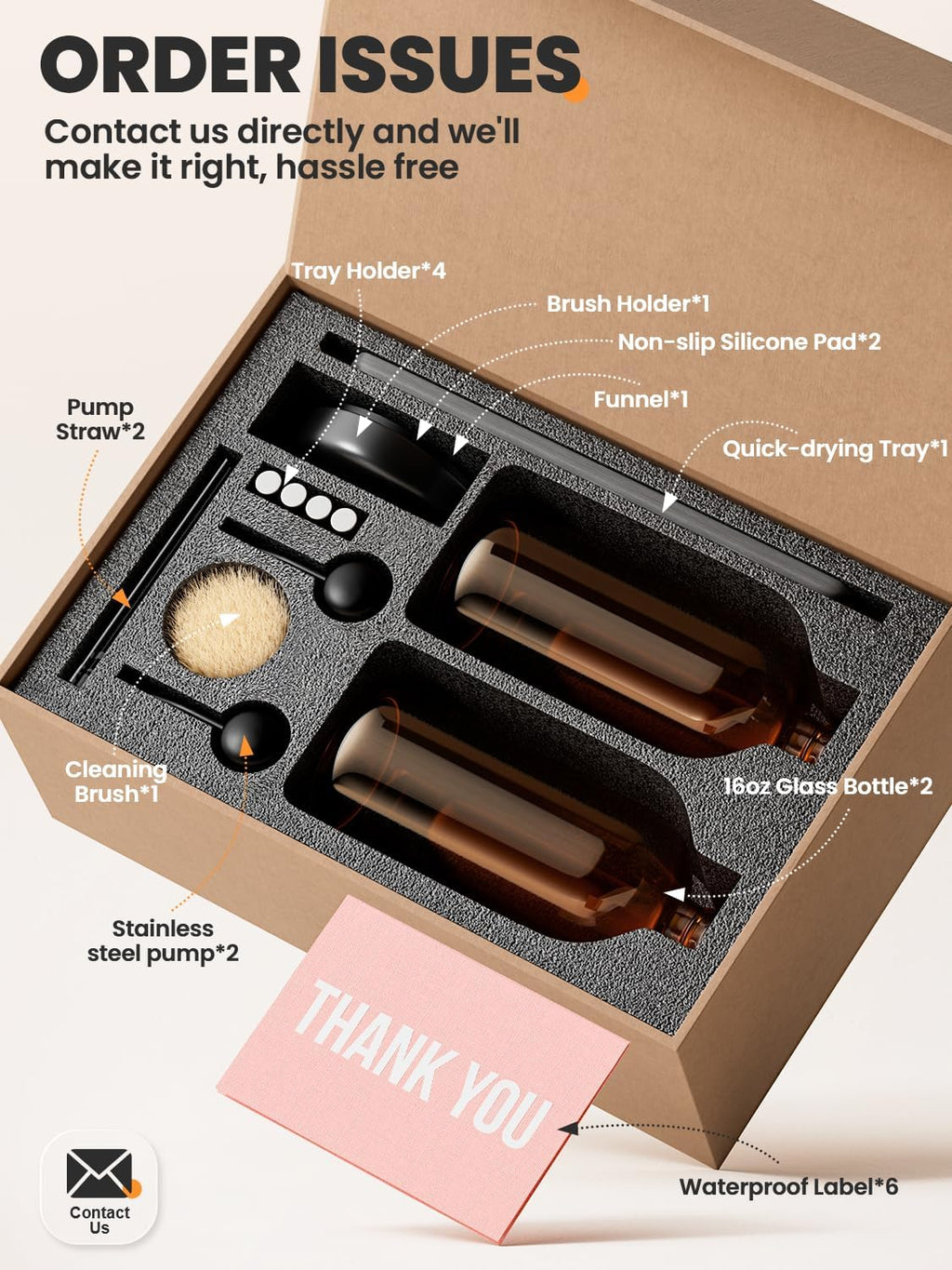 [Luxury] Kitchen Soap Dispenser Set - 16OZ Amber Glass Bottle, Stainless Steel Pump, Instant Dry Tray, Waterproof