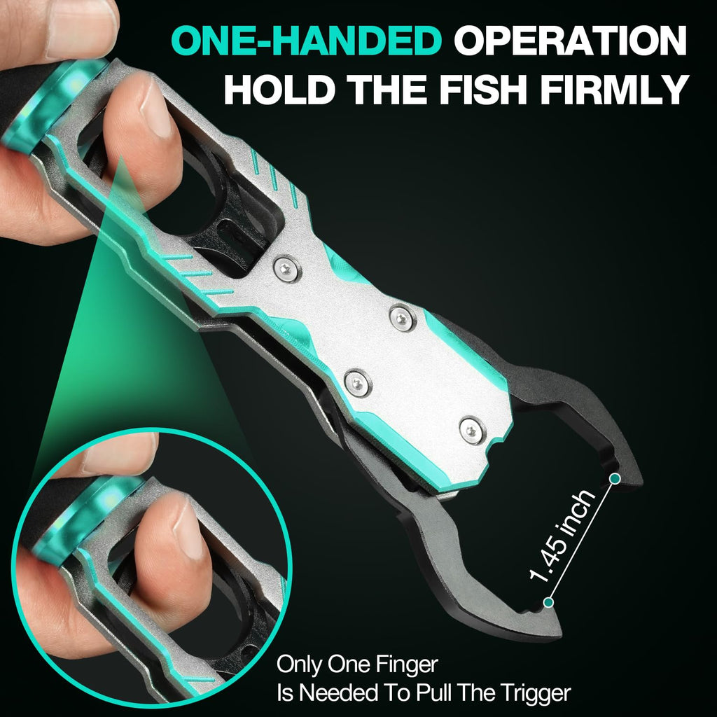 Fish Lip Gripper with Scale 40lb Aluminum Alloy Fishing Grabber | 360° Swivel Non-Slip Handle, 11" Corrosion