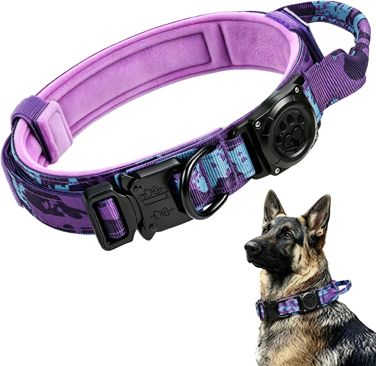 IP68 Waterproof Tactical Airtag Dog Collar with Handle,Purple Camo,L