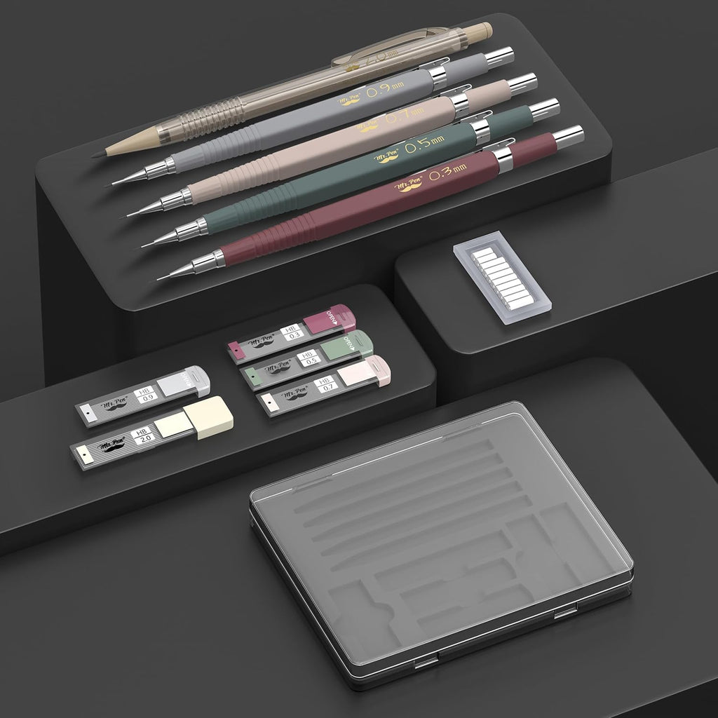 Art Mechanical Pencil Set, 5 Sizes (0.3, 0.5, 0.7, 0.9, 2.0mm) | 5 HB Lead Refills & 10 Eraser Refills, Precision