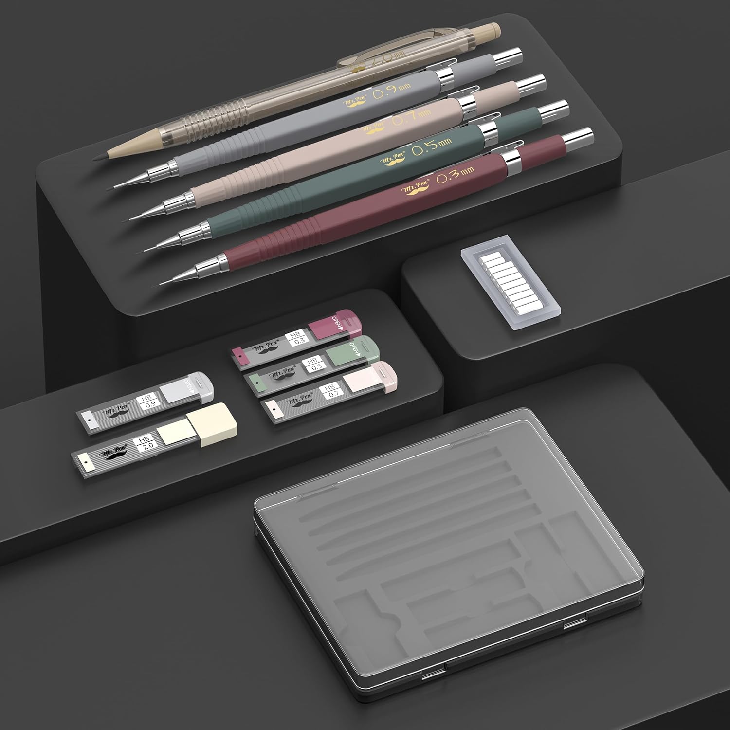 Art Mechanical Pencil Set, 5 Sizes (0.3, 0.5, 0.7, 0.9, 2.0mm) | 5 HB Lead Refills & 10 Eraser Refills, Precision