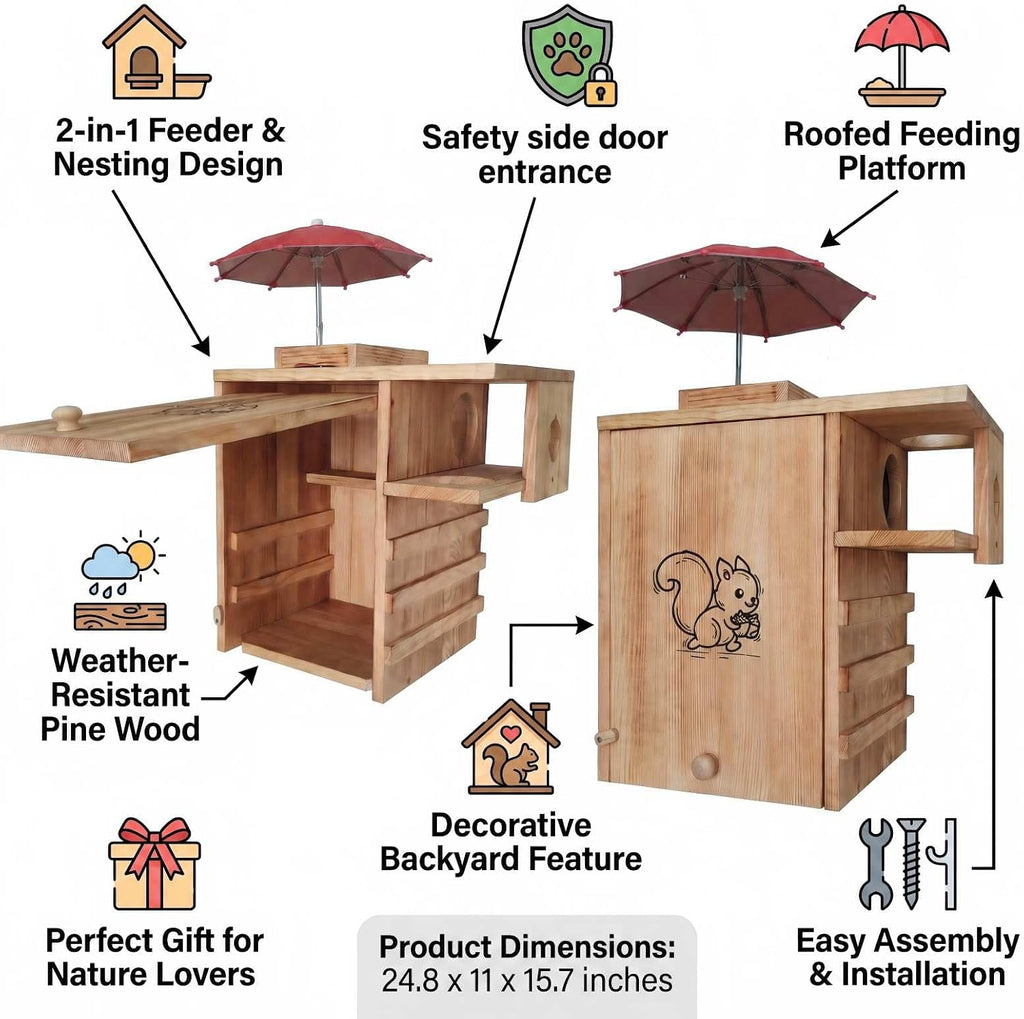 Large Wooden Squirrel House Outdoor，Nest Box with Feeder & Predator Guard