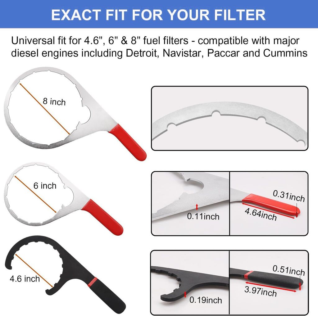 3-Piece Diesel Fuel Filter Wrench Set (4.6/6/8 Inch) - Heavy-Duty Steel w/ Non-Slip Grip - Fits Detroit Diesel