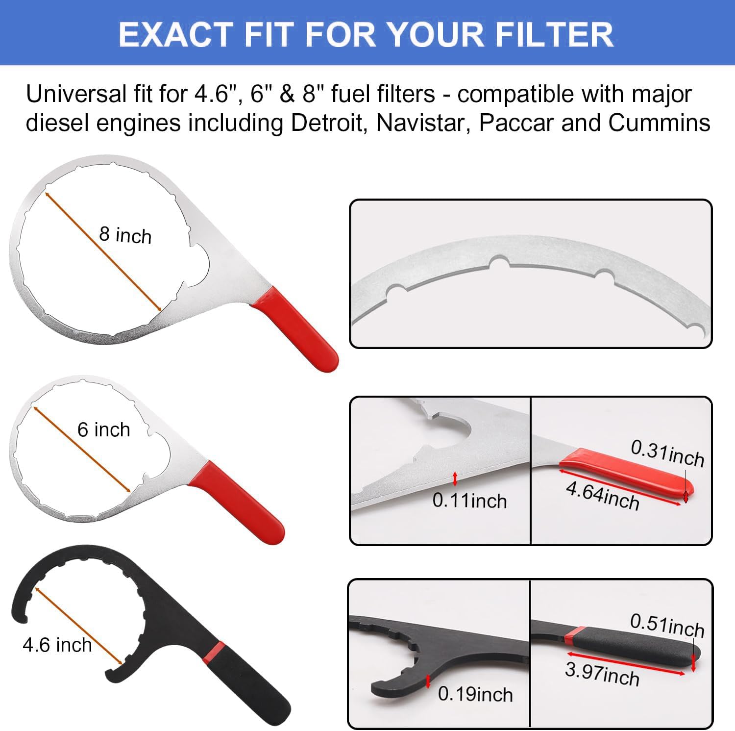 3-Piece Diesel Fuel Filter Wrench Set (4.6/6/8 Inch) - Heavy-Duty Steel w/ Non-Slip Grip - Fits Detroit Diesel