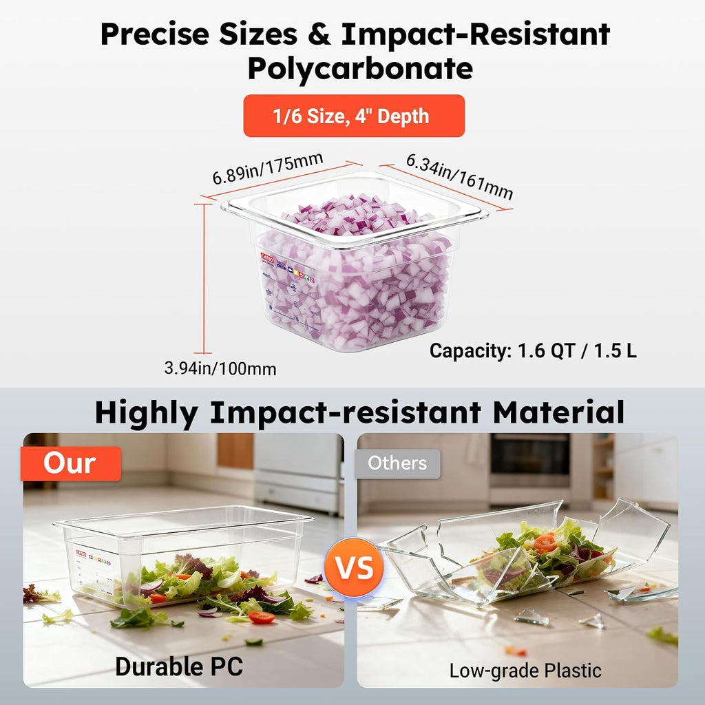 6-Pack 1/6 Size 4" Deep Polycarbonate Food Pans, NSF Commercial Clear Hotel Pan for Sauces, Condiments, Toppings &