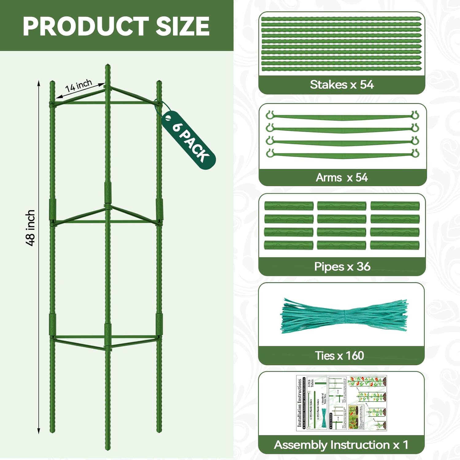 6 Pack Tomato Cages for Garden Plant Support Stakes, 48 Inch Adjustable Tomato Trellis for Pots & Raised Garden Bed