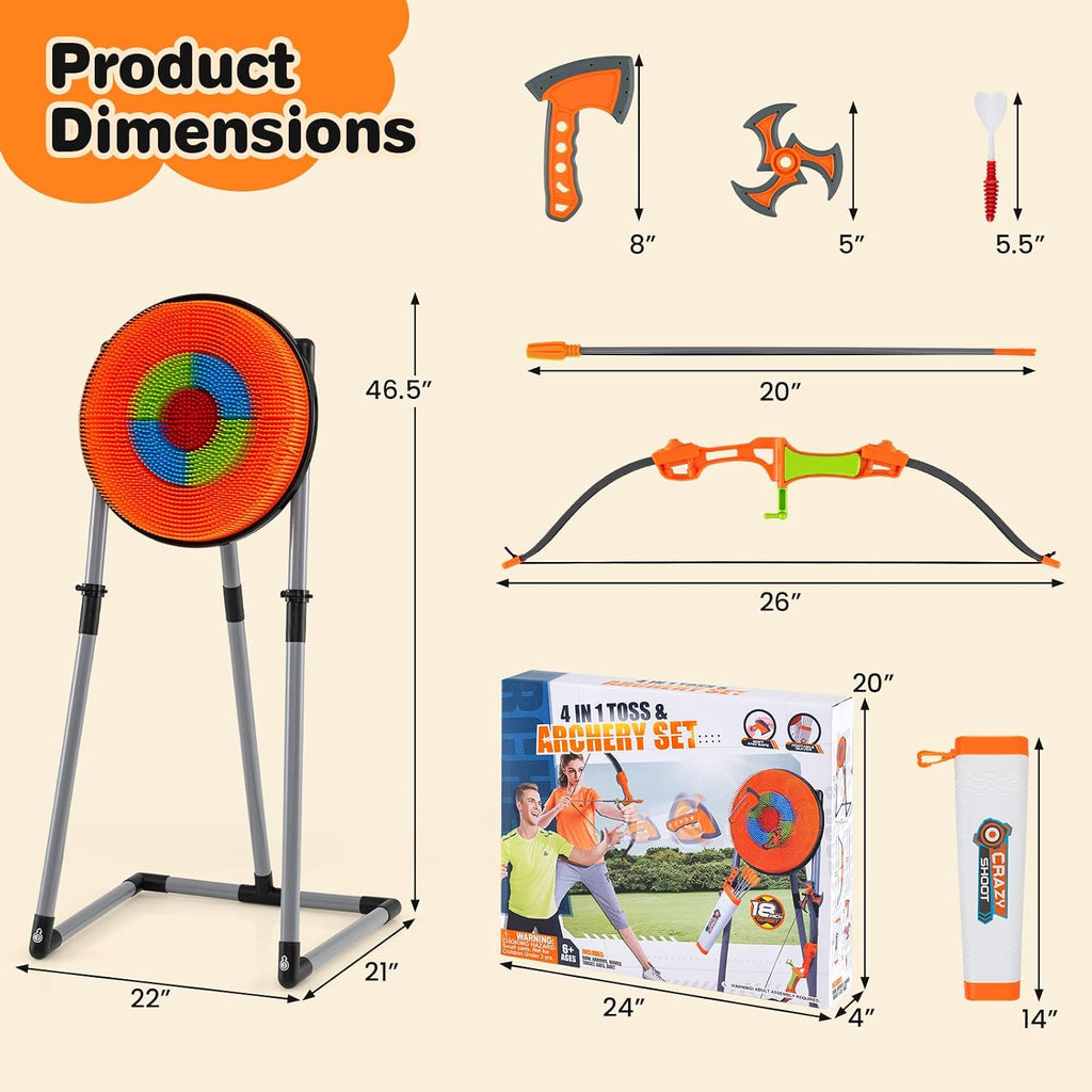 Axe Throwing Bristle Target, 4-in-1 Plastic Throwing Axes Game Set w/ 12 Darts, 5 Arrows & Bow