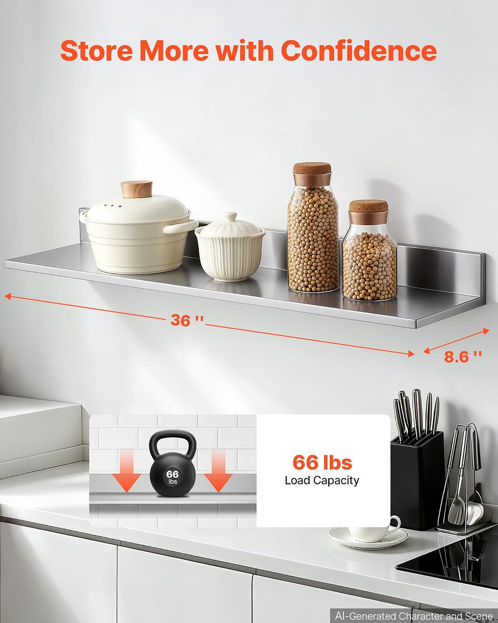 Stainless Steel Shelf 8.6" x 36" 2-Pack Wall Mount Floating Shelf