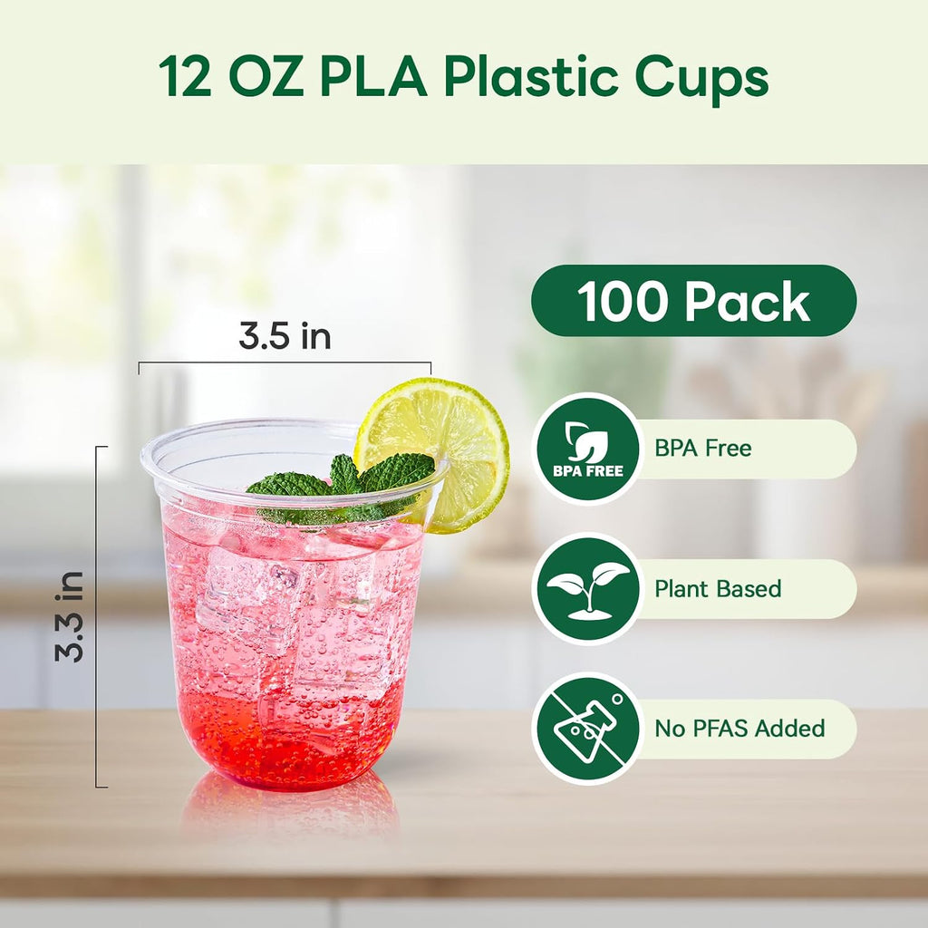 12 oz Compostable Clear Plastic Cold Cups, 100 Pack
