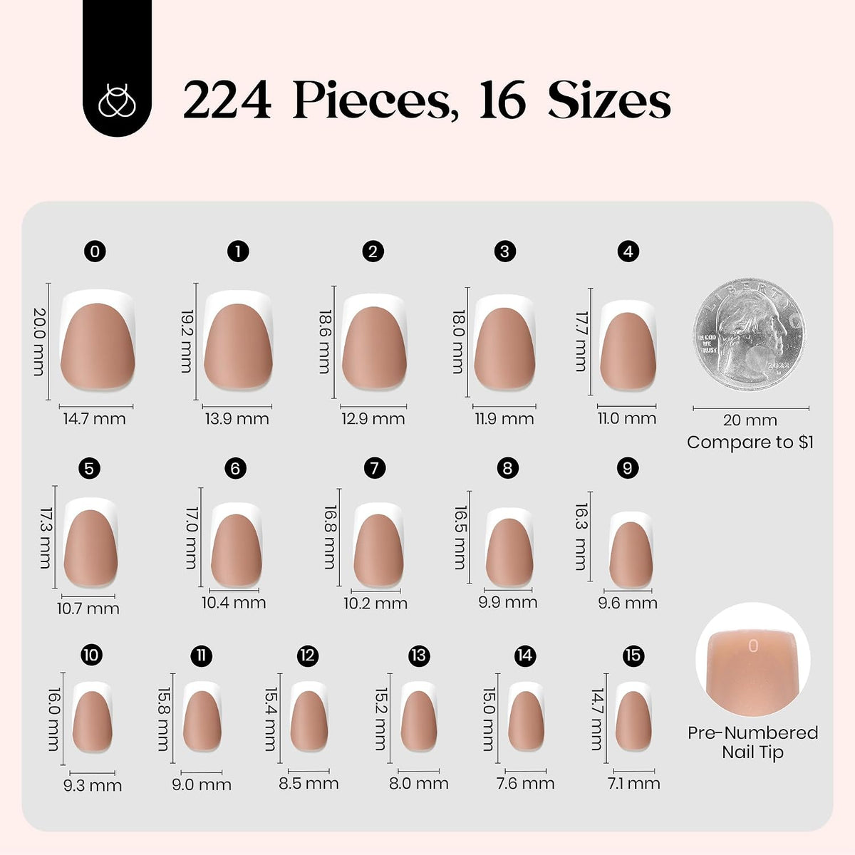 Beetles French Tips Press On Nails- 224 Pcs Short Squoval Nails, Brown