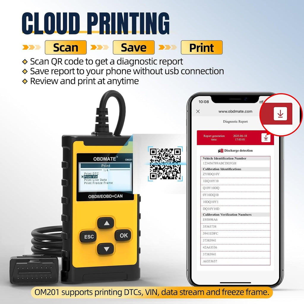 Check Engine Code Reader, OBDMATE OM201 OBD2 Diagnostic Tool | Clearing Faulty Codes with Wireless Printing | Graphic