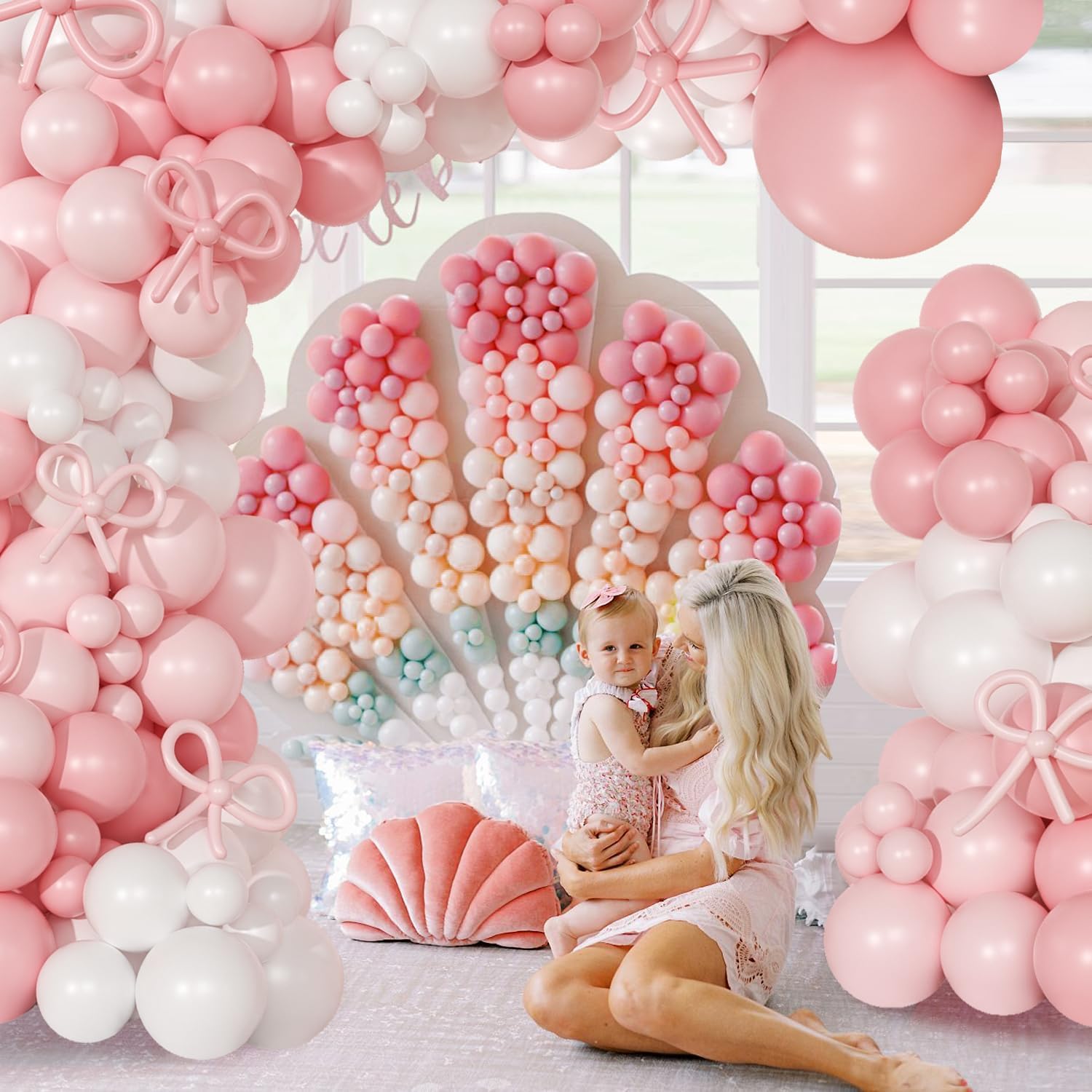 Coquette Birthday Decorations 145 Pcs Pink and White Balloon Garland Arch Kit Include Light Pink White Bow Balloons