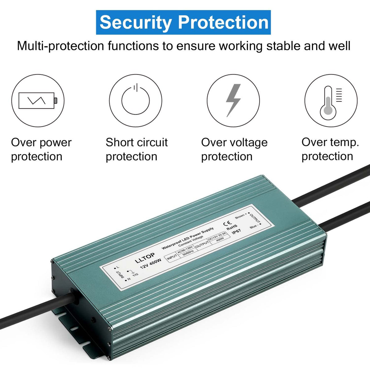 LLTOP 12V DC LED Driver Waterproof IP67 Power Supply 400W 33.3A
