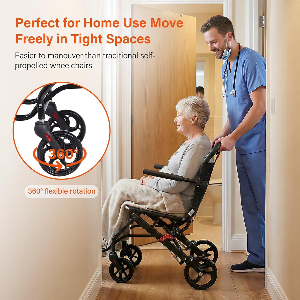 Upgraded 18.1" Wide Seat Lightweight Transport Wheelchair for Adults & Seniors, Foldable Travel Wheelchair, Narrow