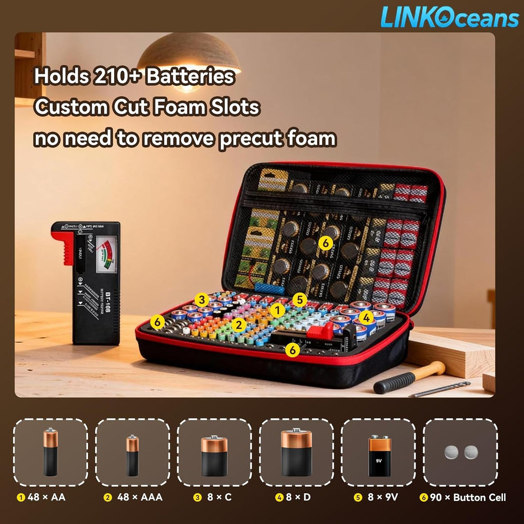 Battery Organizer with BT-168 Tester, EVA Storage Case | 210+ AA AAA C D 9V Capacity, Fireproof Waterproof
