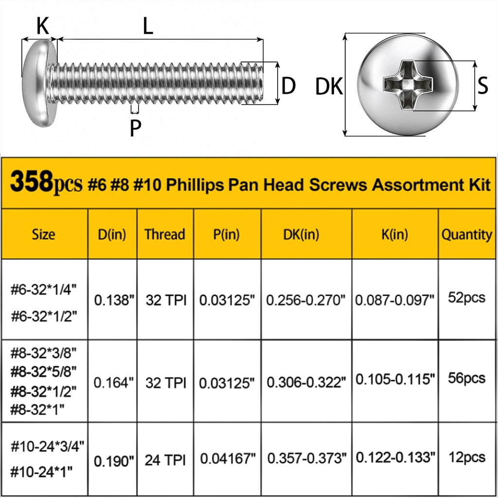 358PCS #6-32#8-32#10-24 Pan Head Machine Screws Nuts Assortment Kit