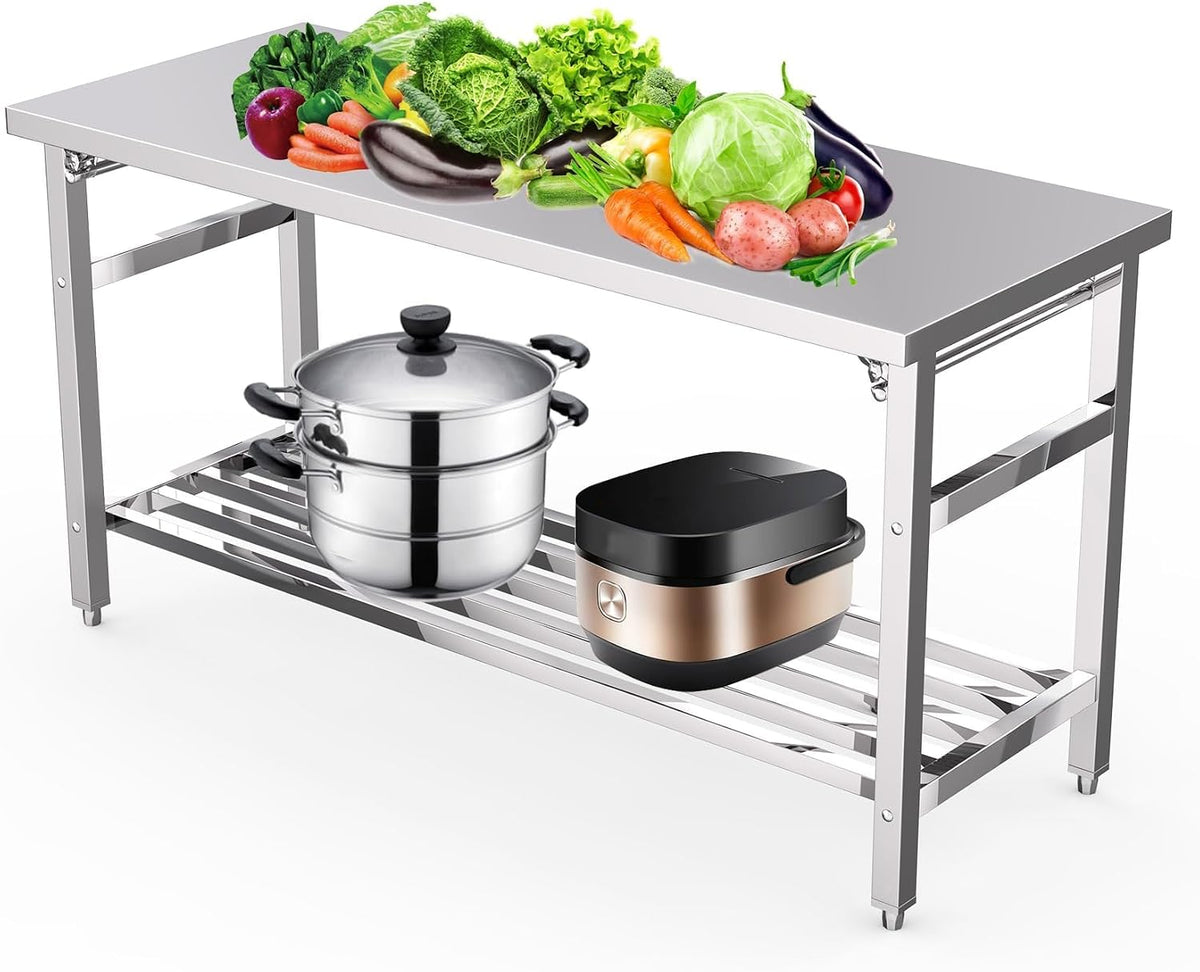 60"×24" Stainless Steel Commercial Work Table - Heavy-Duty 304 Steel Prep Station with Folding Base & Adjustable