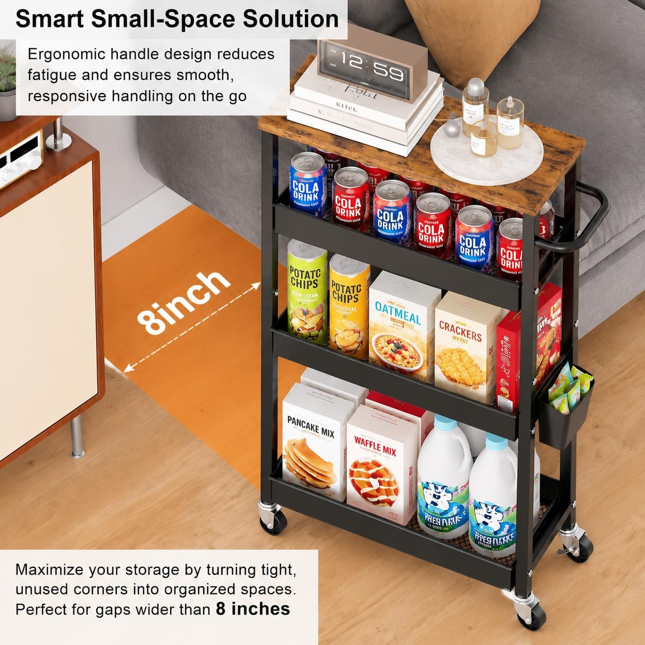 4 Tier Slim Rolling Storage Cart, Metal Narrow Kitchen Cabinet with Wheels, Laundry Room Organization and Storage