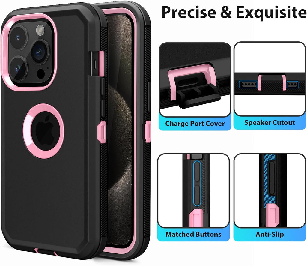 for iPhone 15 Pro Max Case Heavy Duty Drop Protection Black Pink | Drop Protection Screenless Dual Layer Shockproof