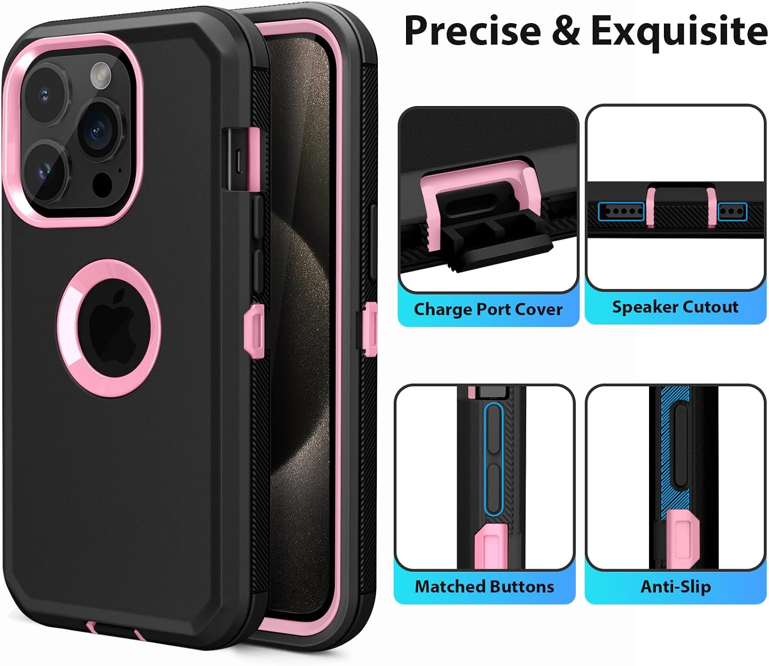 for iPhone 15 Pro Max Case Heavy Duty Drop Protection Black Pink | Drop Protection Screenless Dual Layer Shockproof