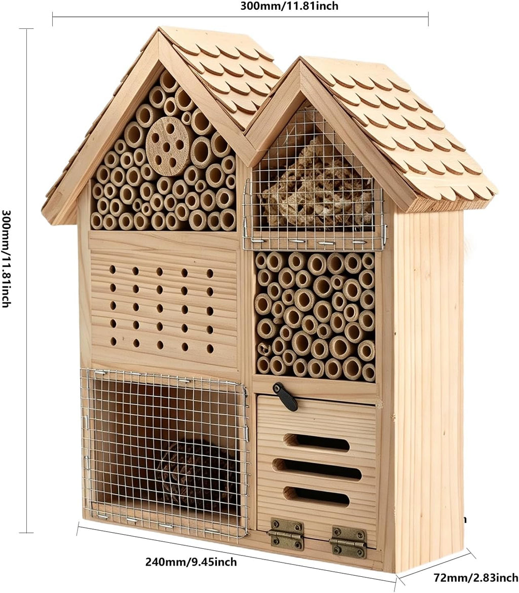 Large Wooden Insect Hotel for Outdoors - Waterproof Bee House & Butterfly Habitat with Bamboo Tubes and Pine