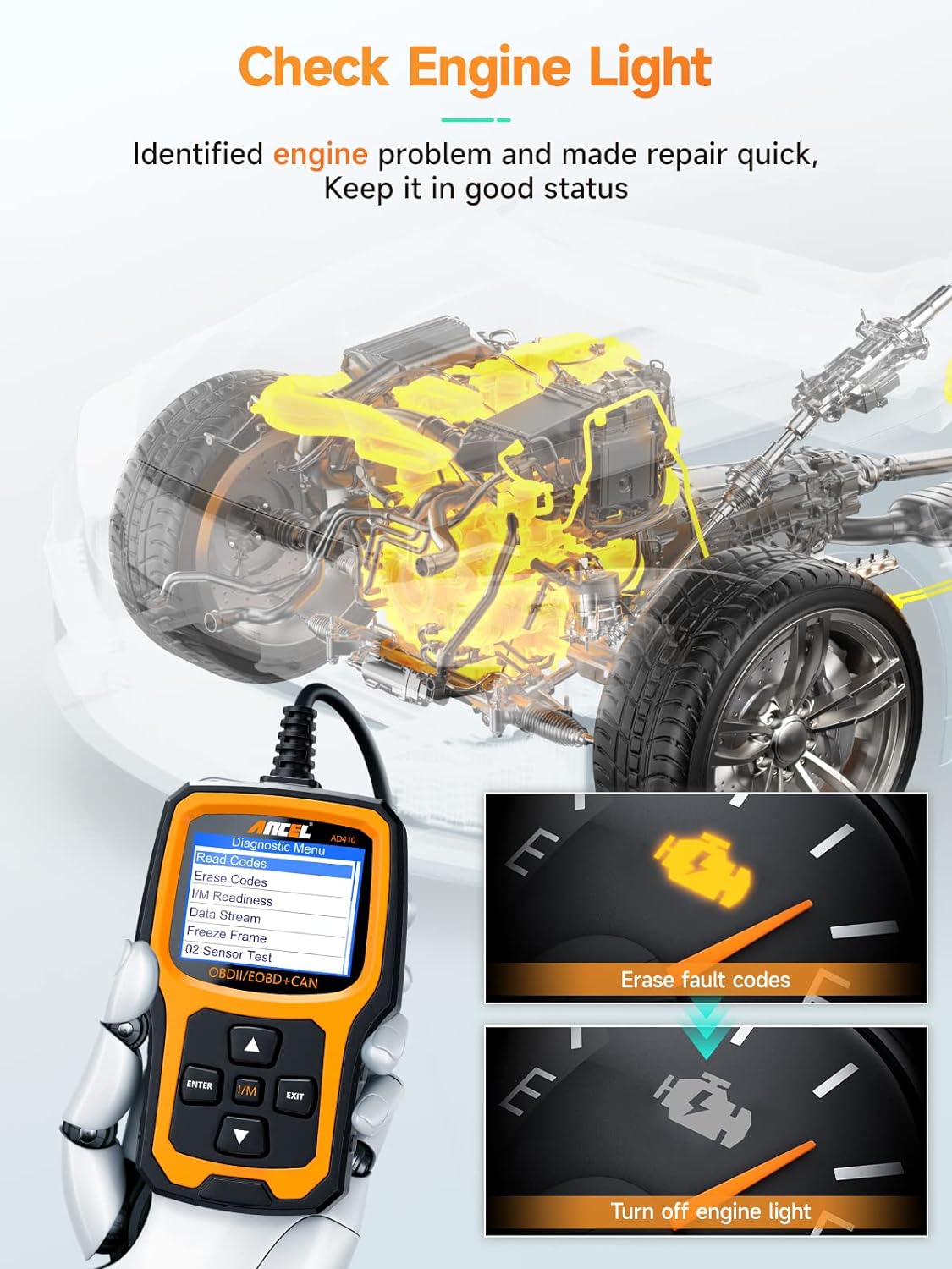 AD410 Enhanced OBD2 Scanner, Vehicle Code Reader for Check Engine Light, Automotive OBD II Scanner Fault Diagnosis