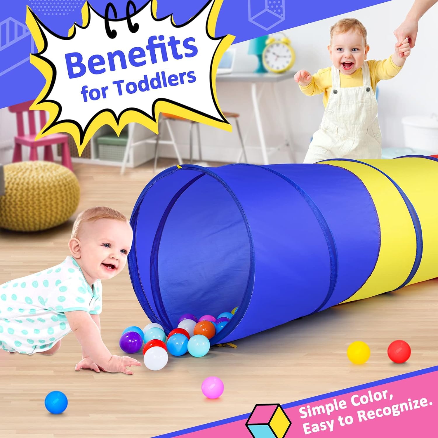 Pop Up Play Tunnel Tent for Toddlers Babies or Dogs, Indoor & Outdoor Toys for Kids Backyard Playset. (Red,Yellow,Blue)
