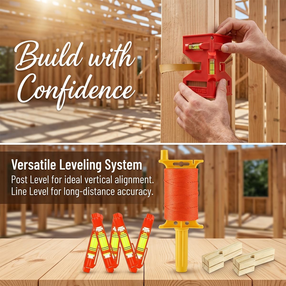 Post Level String Line Kit for masonry & fence post leveling | Includes post & pipe level with rubber strap,5 line
