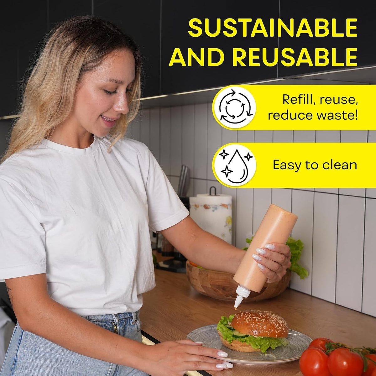 Condiment Squeeze Bottles, 16 OZ Empty Squirt Bottle with Twist Top Cap, Leak Proof - Great for Ketchup, Mustard