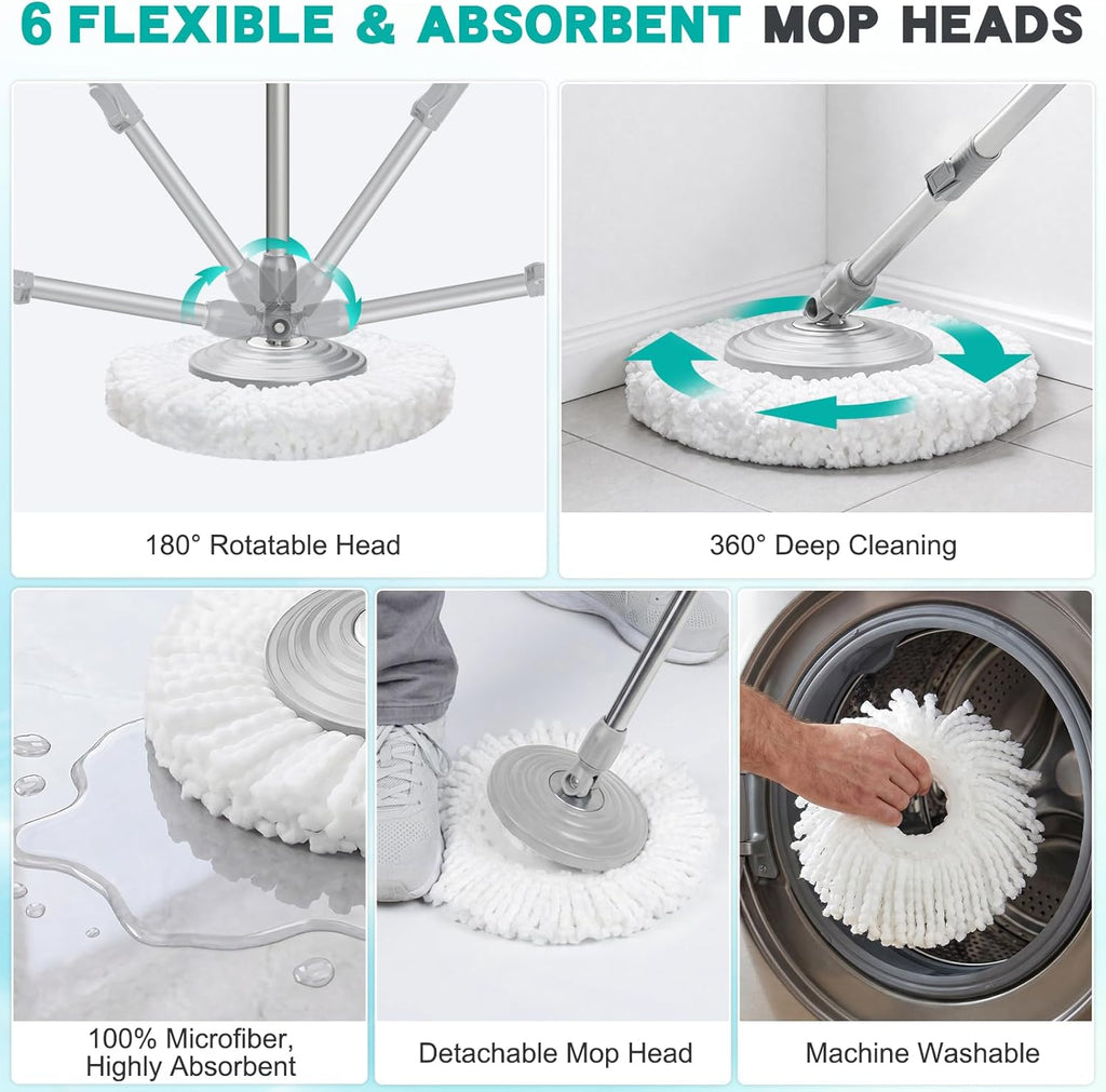 Mop and Bucket Set with Wringer, Spin Mop Floor Cleaning System with 6 Replacement Microfiber Heads & 61" Extra-Long